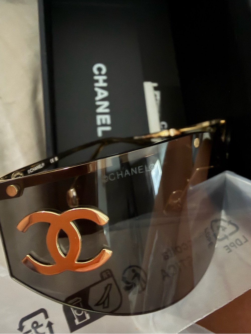 $950 Authentic CHANEL Gray Shield Sunglasses with Gold